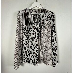 Cabi Womens Animal Print Faux Wrap Semi Sheer Blouse Top XL Brown White Casual